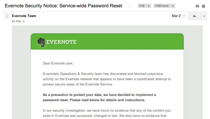 Evernote mass email informing all users about the security breach and the system-wide password reset